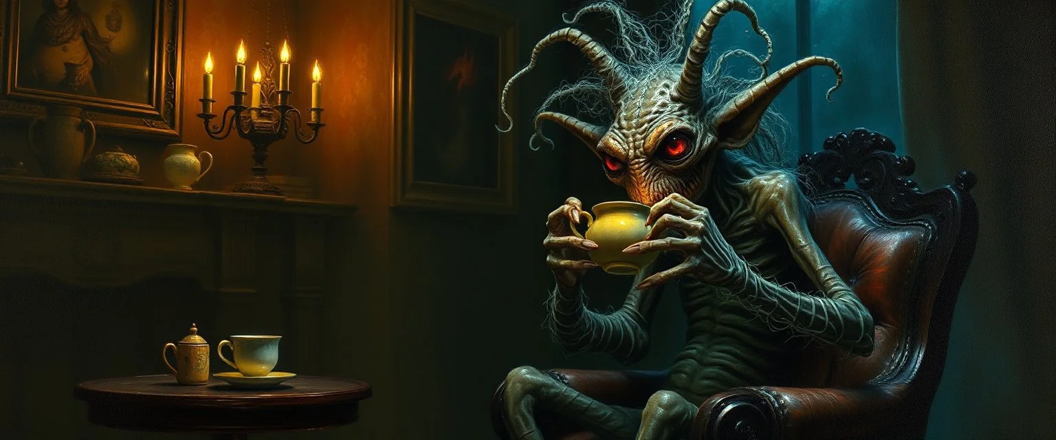 master oil painting by Rembrandt, good afternoon gremlin hairy wraith Fathomlurker drinking tea in parlor "An abyssal creature with translucent skin revealing writhing organs, many spindly legs and elongated fingers, eyes like lanterns scattered across its body, tentacles that ripple silently, lurking in black depths, almost invisible, emitting an eerie blue glow."