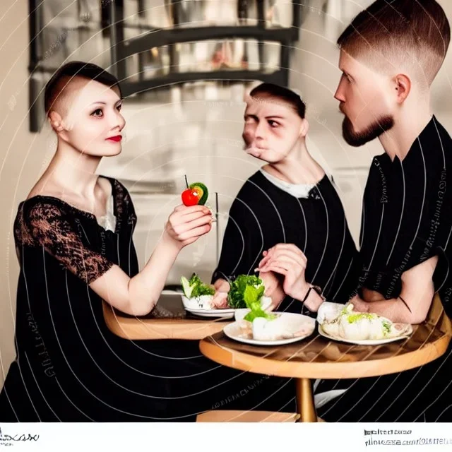 Russian guy young widow boyish boylike short man's haircut men's face boyish features in black girlish lacy cocktail dress as mother in restaurant