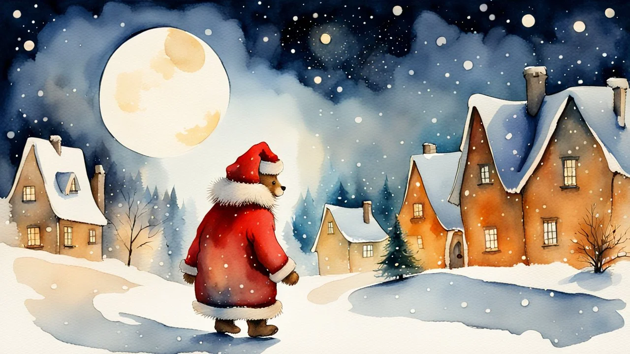 merry little teddy bear Santa Claus carrying a (((sack))) (((full of presents))) strolling in a snowy winter town in the night, 1963, watercolor, (style of Gabriel Pacheco:1.3), semi-side view, magic winter vibe