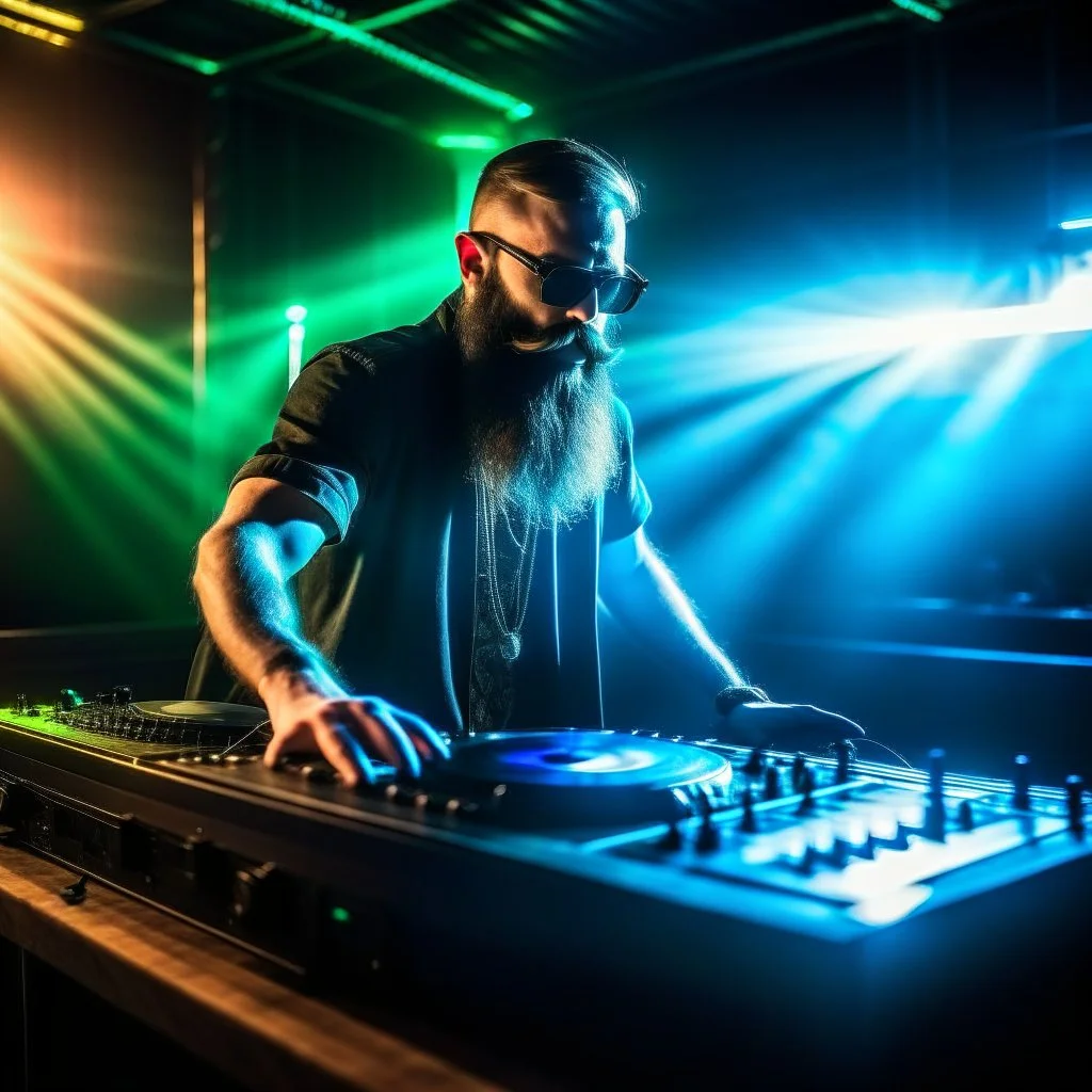 Dance hall ,dj play ,laser lights, l, beard DJ play music with DJ desk,smoke