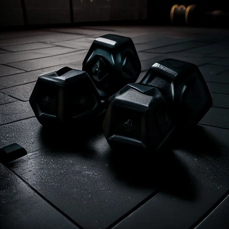 Hexagon dumbbells pair of two, each 12.5KG. Inside a dark and moody gym on the black rubber tile floor. Bird perspective on the dumbbells laying on the floor.