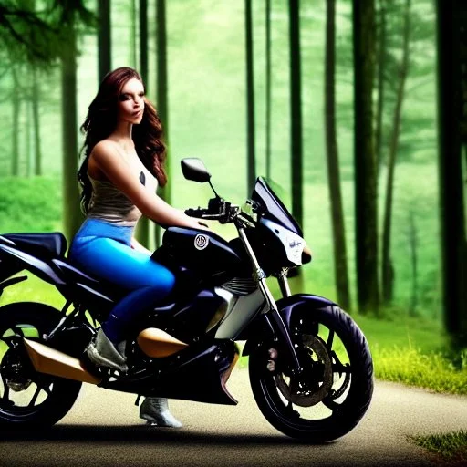 Very attractive woman sitting on a motorcycle. The bike is Yamaha. In the background is a forest. Realistic details. Photorealistic. 4K.