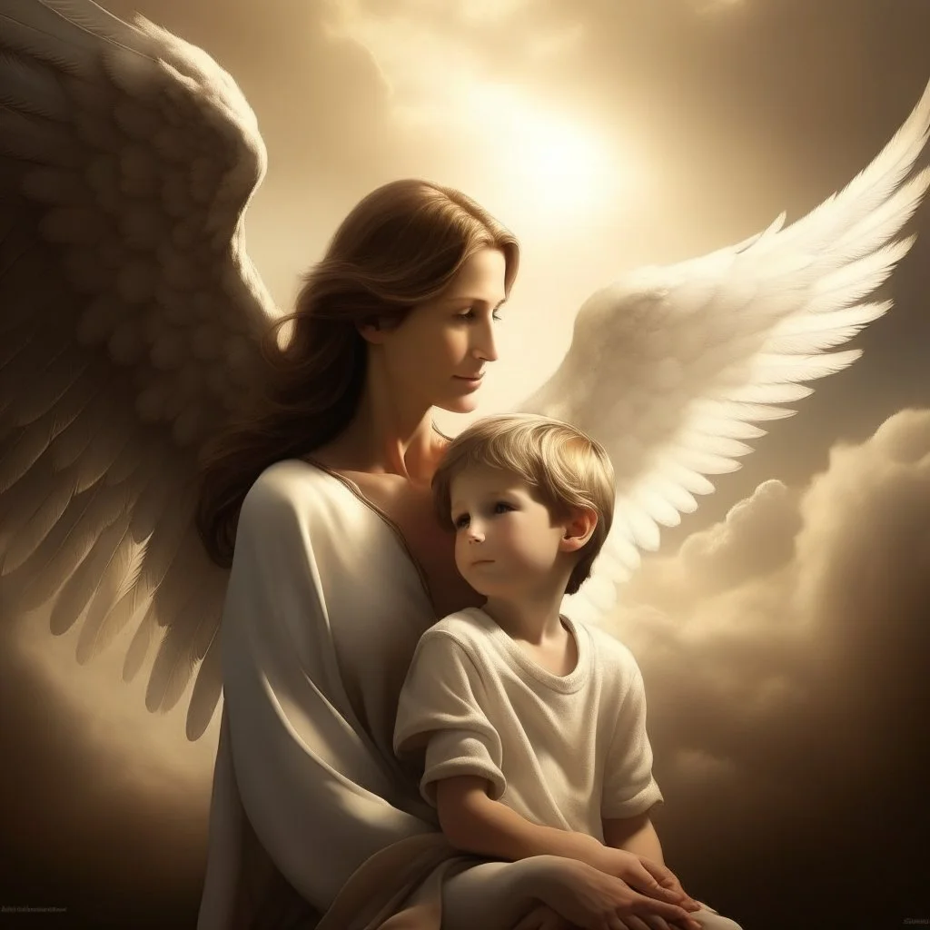 The image of a mother with angel wings watching and watching over her son from heaven