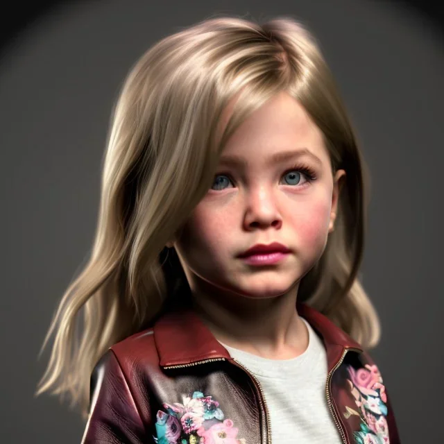 Jennifer aniston toddler, full body, leather jacket, floral shirt, floral skirt, shoe, soft skin, dramatic lighting, hyper realistic