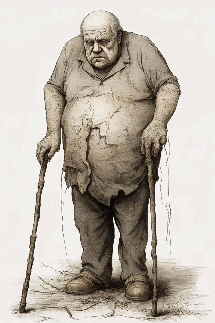 The full body of a fat old man holding a cane , front view camera, decayed and rotting with grotesque proportions and imagery. surreal horror, biomechanical design, by hr giger and beksinski