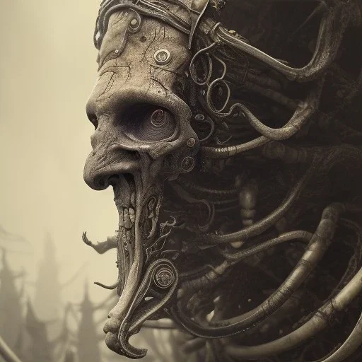 viking zombie, hr giger, scary, steam punk, realistic, made in octane, cinematic, ultra-realistic, extremely detailed octane rendering, 8K, VRAY Super Real ar 2:3, dof photorealistic futuristic 50mm lens hard lighting dark gray tintype photograph, realistic lighting, sepia color