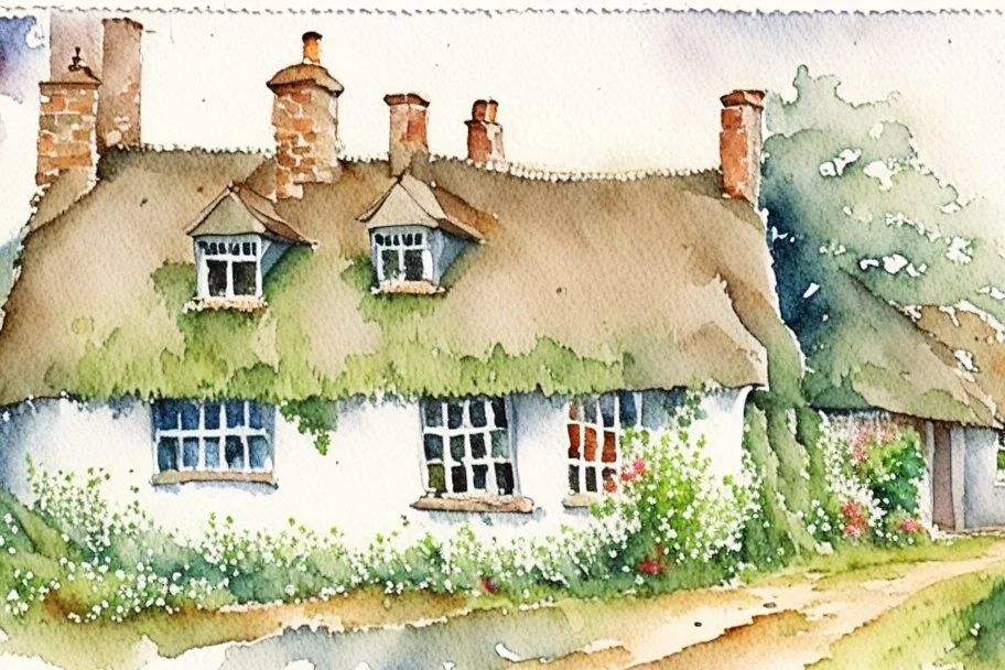 Detailed loose watercolour of an small English cottage