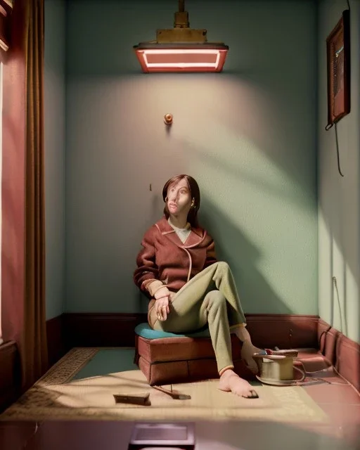 Room scene with sit woman, Wes Anderson style, realistic photo, concept art, smooth, unreal engine 5, god lights, ray tracing, RTX, lumen lighting, ultra detail, volumetric lighting, 3d.