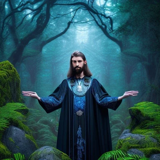 crazy detail, magical forest background, waterfall, blue but cloudy skies, portrait of man in black shiny robes,dark stone statue, lively eyes,hidden hands, framed by foliage, runes on dices, warm light, holding up scroll