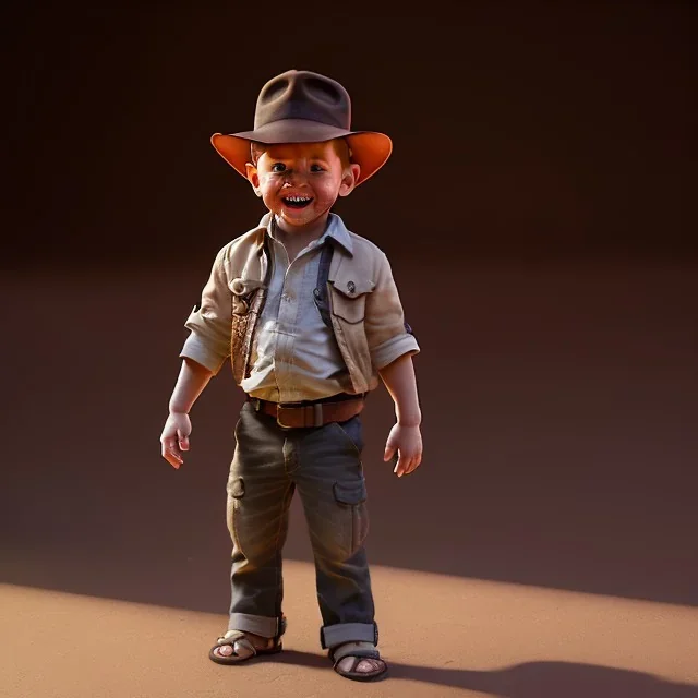 Indiana Jones toddler, full body, dramatic lighting, hyper realistic