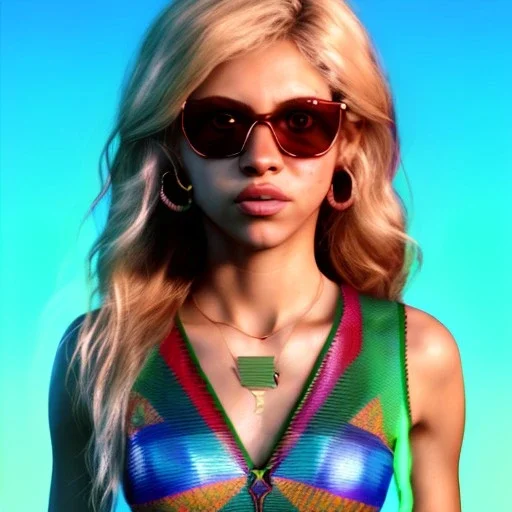 Shakira, artist, 30 years old, Realistic image, waist up portrait, etro style dress. Gucci sunglasses. Blonde, loose long hair, eyes make up, perfect, glow, circle iris. Feather, Neon colors, leds, geometric shapes. Dark background, photo studio, neon lights. Cyberpunk, concept art, smooth, unreal engine 5, god lights, ray tracing, RTX, lumen lighting, ultra detail, volumetric lighting, 3d, finely drawn, high definition, 4k.