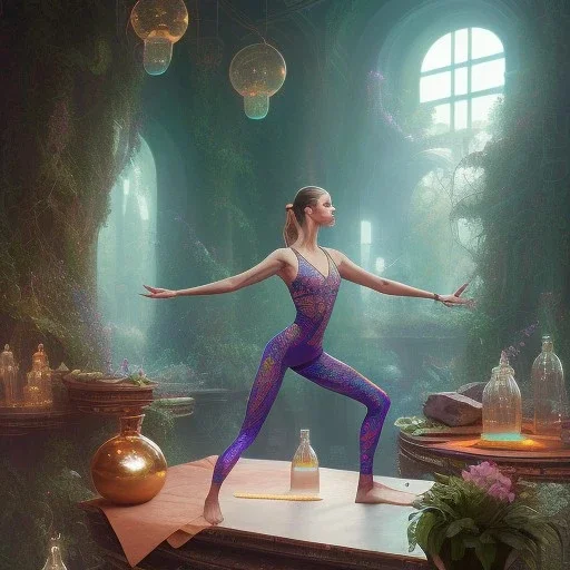 yoga artist, maze background , levitated lab equipment, 4k, Highly Detailed, Masterpiece, perfect eyes, Digital Illustration, Cinematic Lighting, Realistic, Sharp Focus, Centered, Beautifully Lit, Bioluminescent by Stanley Artgerm Lau