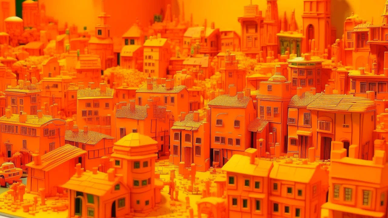 An orange colored town made out of toys painted by Vincent van Gogh