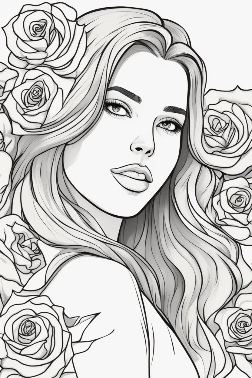 modern realistic cartoon drawing style high contrast coloring page of a happy beautiful woman with long hair, surrounded by roses, close up head shot, dynamic pose, upper body portrait, illustration, adult coloring page, thick outline, no details