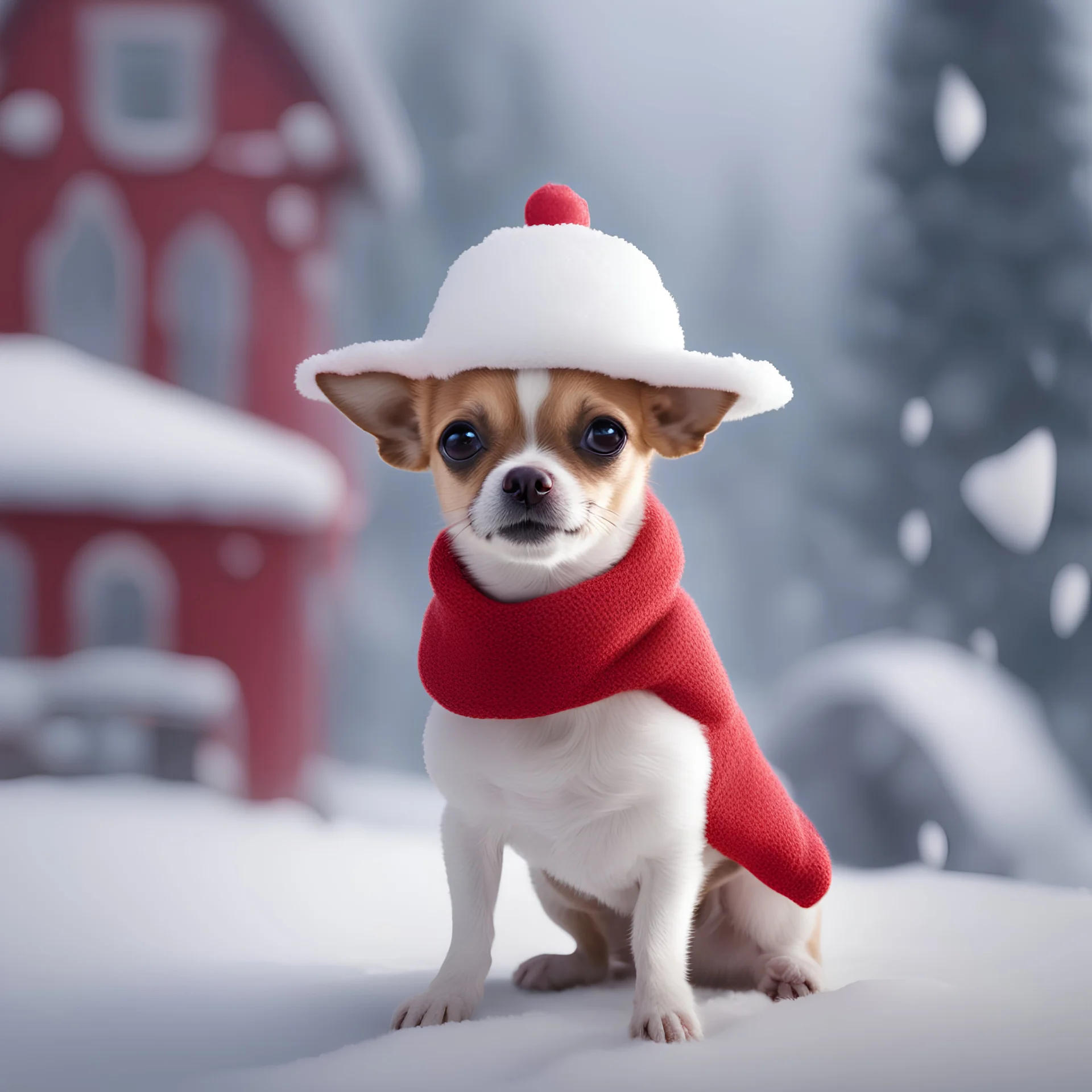 a small dog dressed up as a snowman, hollywood promotional image, playstation 5 graphics, profile picture 1024px, chihuahua white, movie promotional image, rankin, listing image, cgi society, 2 0 1 9, icon for an ai app, characters merged, character close-up, freezing, h 1024, shot with Sony Alpha a9 Il and Sony FE 200-600mm f/5.6-6.3 G OSS lens, natural light, hyper realistic photograph, ultra detailed -ar 3:2 -q 2 -s 750