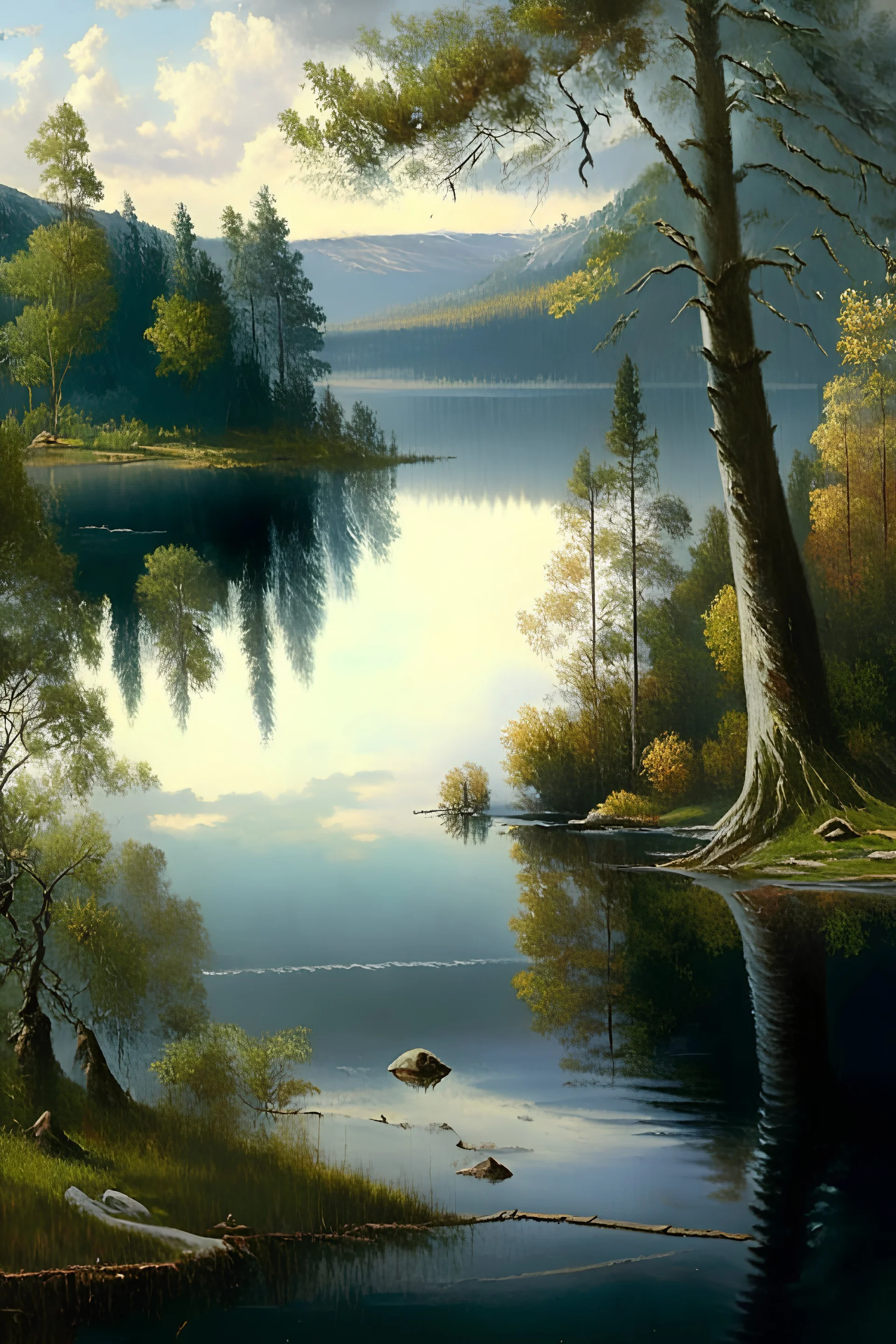 A painting of a beautiful place with a clear lake and trees beneath it