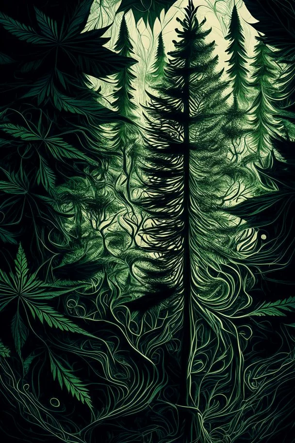 Sketch a composition where intricate smoke patterns transform into a forest of towering trees made entirely of crushed weed leaves, filling the canvas with a surreal and visually captivating asymmetrical patterns.