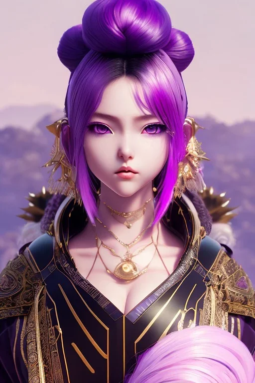 Detailed cute anime Kunoichi girl, purple hair buns, purple bangs, black latex bodysuit, intricate details, full body portrait, keep head in frame, slight smile, black Japanese motif, concept art, highly detailed, digital painting, concept art, sharp focus, illustration, art by Yoji Shinkawa, WLOP and greg rutkowski and alphonse mucha and artgerm and yanjun Chen and Junji ito and Makoto Shinkai, HDR, octane render