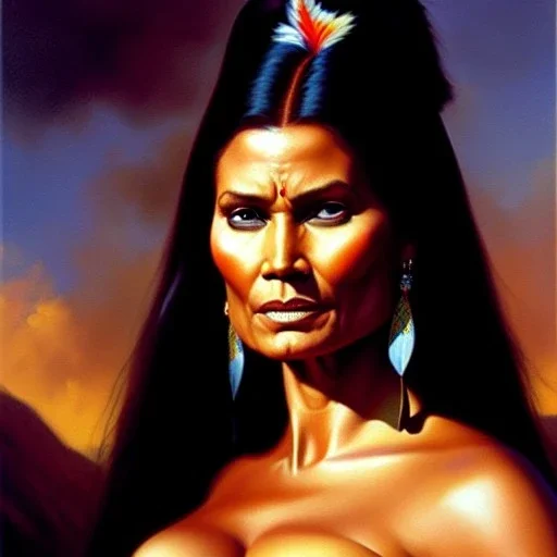 portrait of beautiful busty Pocahontas painting by Brom, oil on canvas, cinematic composition, extreme detail,cinematic composition,fit full head inside picture