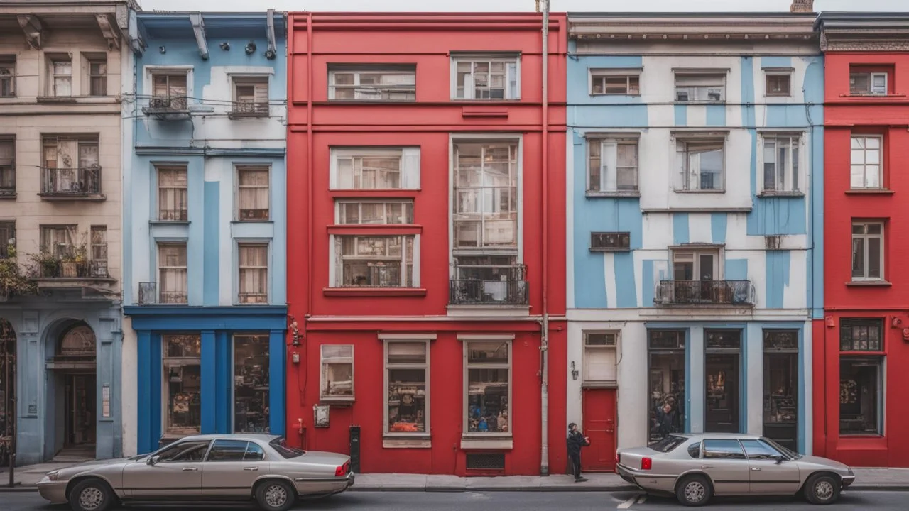 A building with a vibrant red and blue facade featuring several windows with white frames and one window with a partially drawn curtain, surrounded by a bustling city street