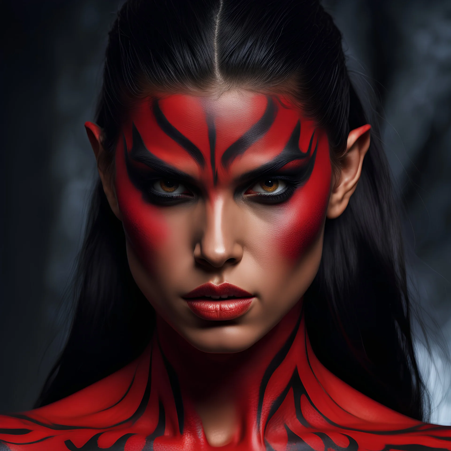 32k uhd, 2000 movie film still, young girl, muscular 8k, RAW photo, highest quality, beautiful evil girl (( muscular sara sampaio red skin demon woman, beautiful bodypaint)), (detailed face), ((bald head)), (highest quality), (best shadow), scary majesty, creepy details, goofy expressions, dark studio, muted colors, by james cameron, photoreal, 85mm, F1.4, Cinestill 800T, 8k, high quality, photo realistic, photorealistic masterpiece, cinematic lighting,