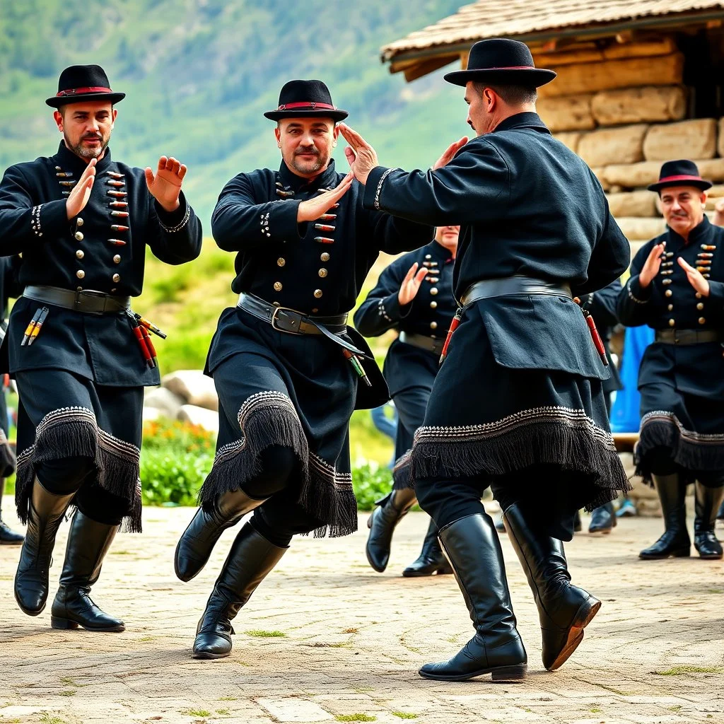 A powerful Azerbaijani male folk dance performance in Yalli and Lezginka style. Several male dancers wearing traditional Caucasian costumes: black chokha coats with cartridge holders, high leather boots, and papakha hats. They perform energetic, sharp, and fast footwork with strong posture, proud expressions, and synchronized group movements. The dance includes jumping steps, quick spins, and rhythmic stomping typical of Caucasian warrior dances. The setting is an outdoor mountain village celebr