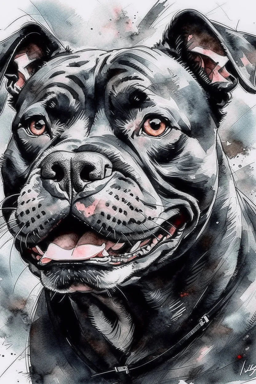 Watercolor Portrait of a happy black Staffordshire bull terrier in the style of Yoji Shinkawa, Guy Denning, Florian Nicolle, Willem Haenraets. Do not crop ears out of frame