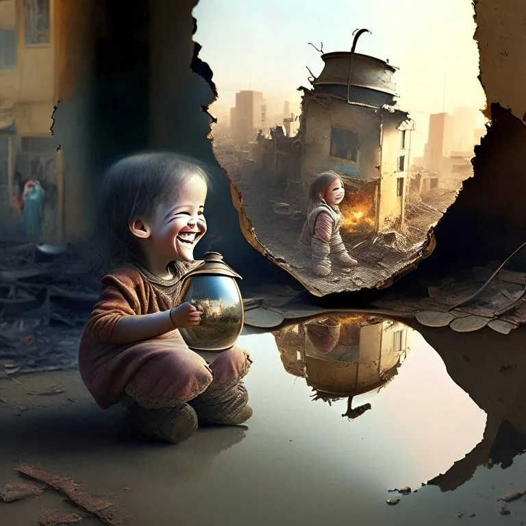 A teapot is shining and a laughing child is looking at it. The child’s image is reflected inside the teapot and behind the child is the reflection of a destroyed city.