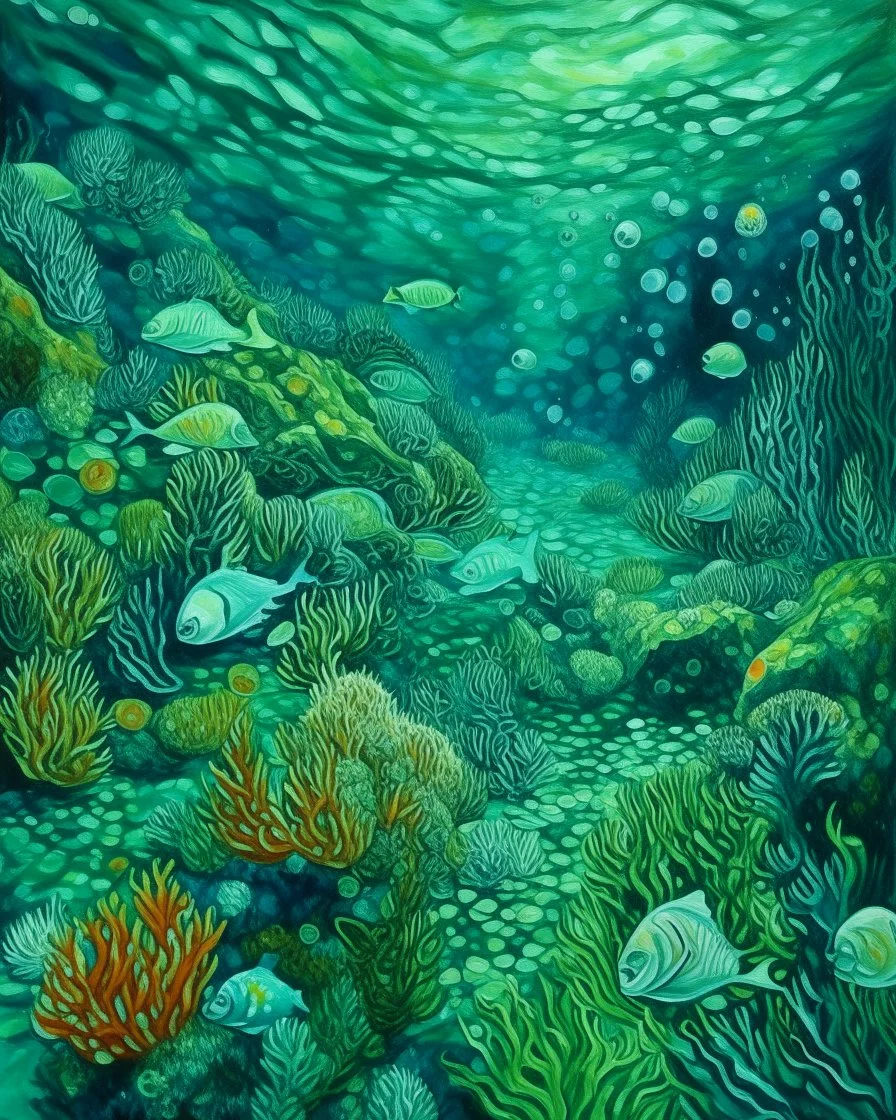 A bluish green underwater coral reef with globs painted by Vincent van Gogh