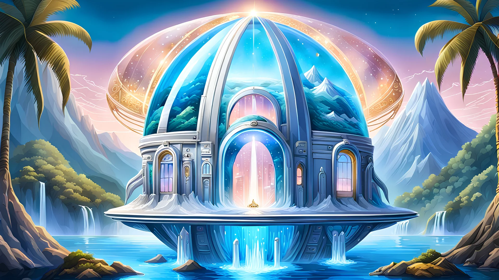 grande astronave metallica blu e argento con tante finestre e cupola trasparente, boccaporti, che emette fasci di luce, che esce da lago azzurro con cristallo oro nel centro, vulcano, celeste, argento, rosa, oro, cascate, alberi tropicali, raggi di luce, dettagli intricati, dettagli decorativi
