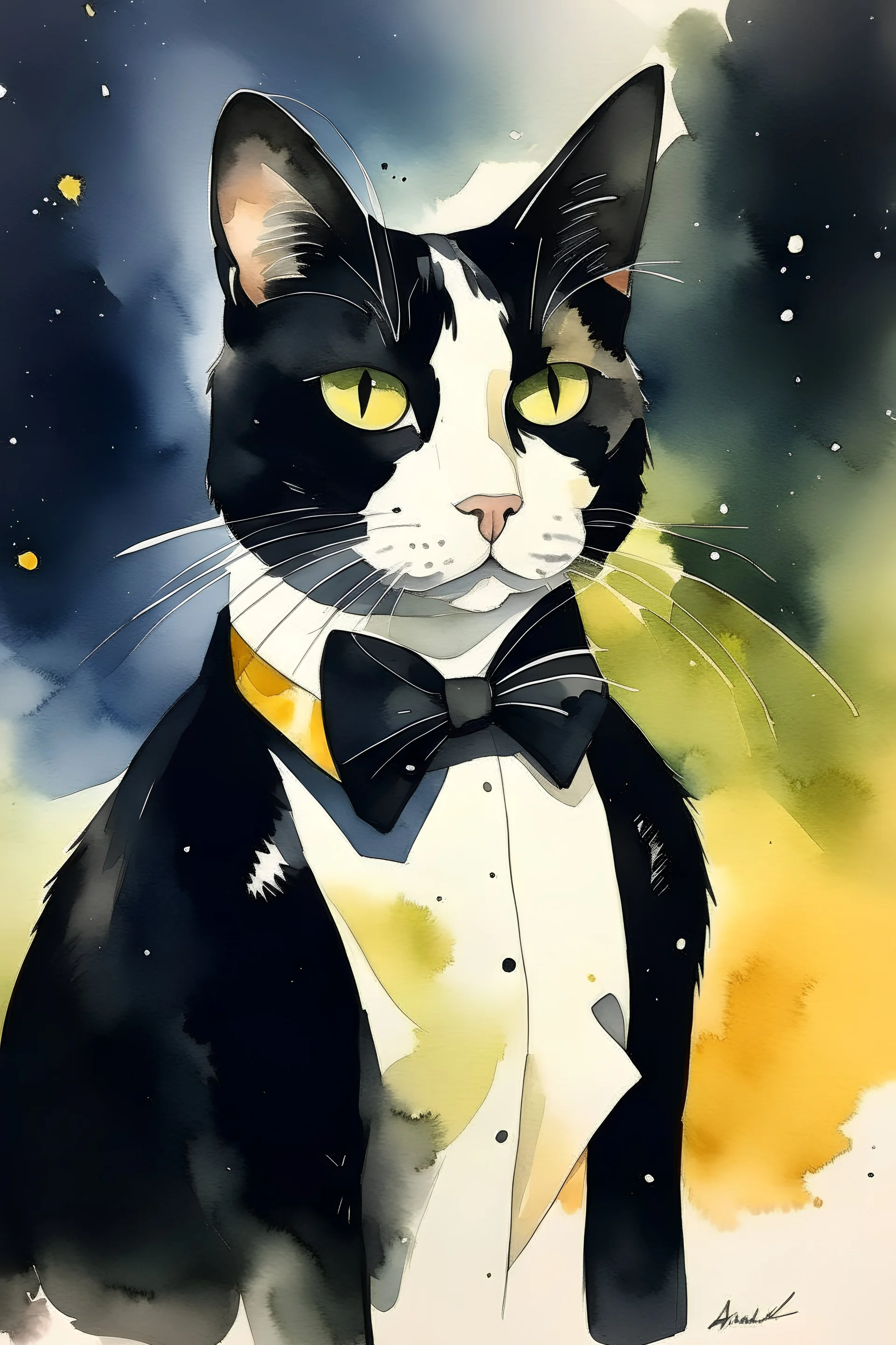 Watercolor, Tuxedo cat, yellow eyes, full body, looking at the sky, bowtie in the neck