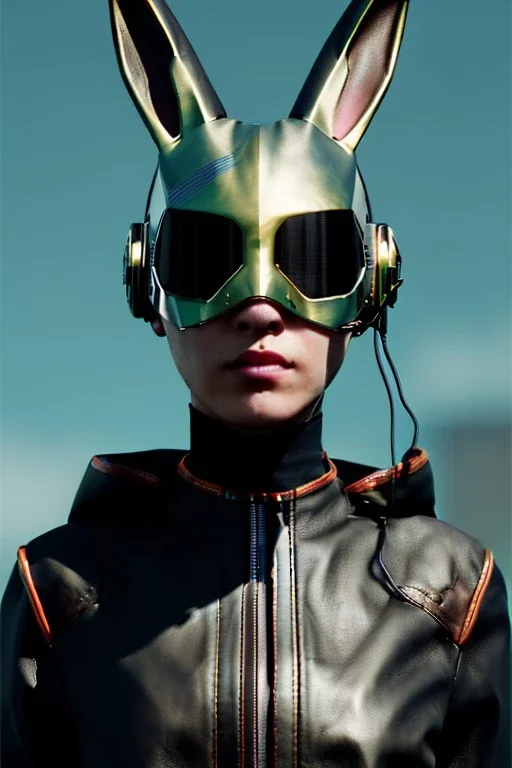 Medium Close Up Portrait, Front image. cyberpunk, rabbit mask, teenager, asian woman, cyber helmet head. Leather dress. Yellow, black, color. Steampunk style. renaissance ornaments, Color background, photo studio. Front image, highly detailed, concept art, smooth, unreal engine 5, ray tracing, RTX, lumen lighting, ultra detail, volumetric lighting, 3d, finely drawn, high definition, high resolution.