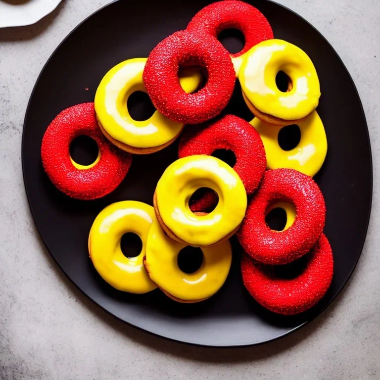 Yellow and red and black donuts on a plate on a black table