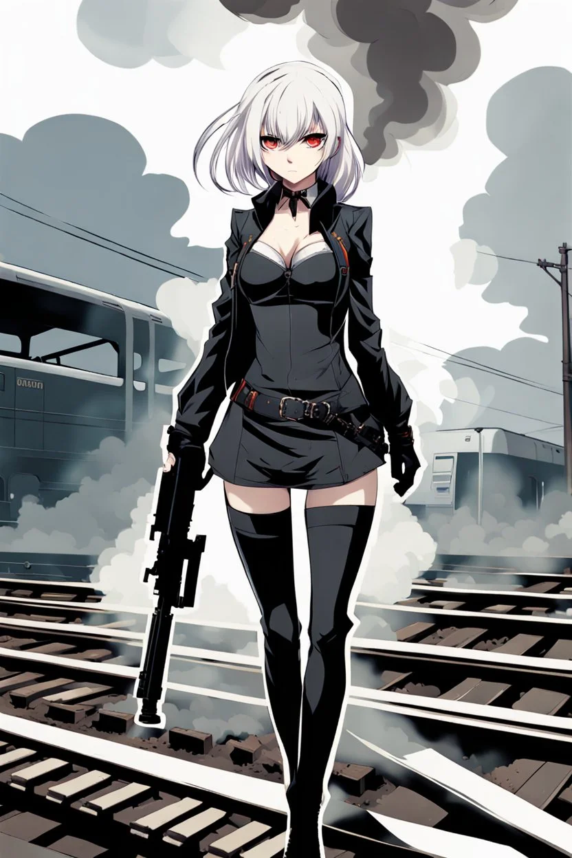 close-up gothic anime girl, white hair, tight outfit with gun on thigh, standing on a train track, smoke and fire surroundings, she is dull and dark, looks determined , train approaching behind her, anime manga style