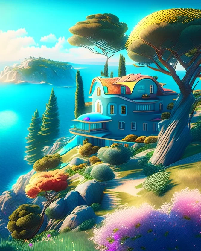 Country houses with sea views, futuristic style, hillside trees, sunny weather, hyper-realistic 8K complementary colors.