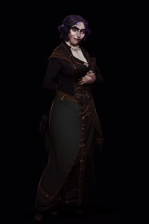 warm but stern aunty victorian era, posh british accent influenced, high born facial features dnd character on a solid black background, full body image, high quality realistic.