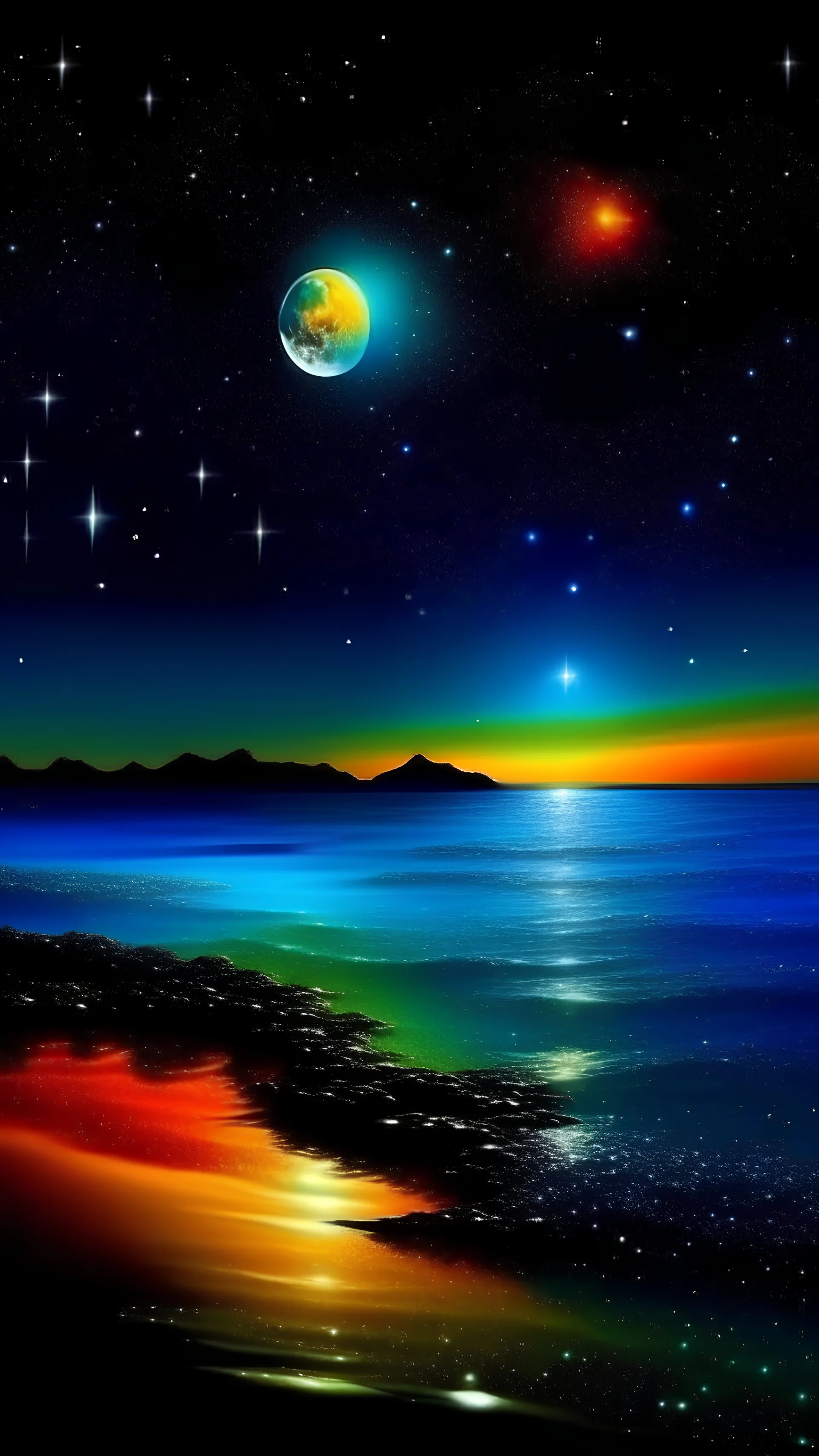 Best Quality, Masterpiece, Ocean, Night, Stars, Moon, Galaxy, Beautiful, Colorful