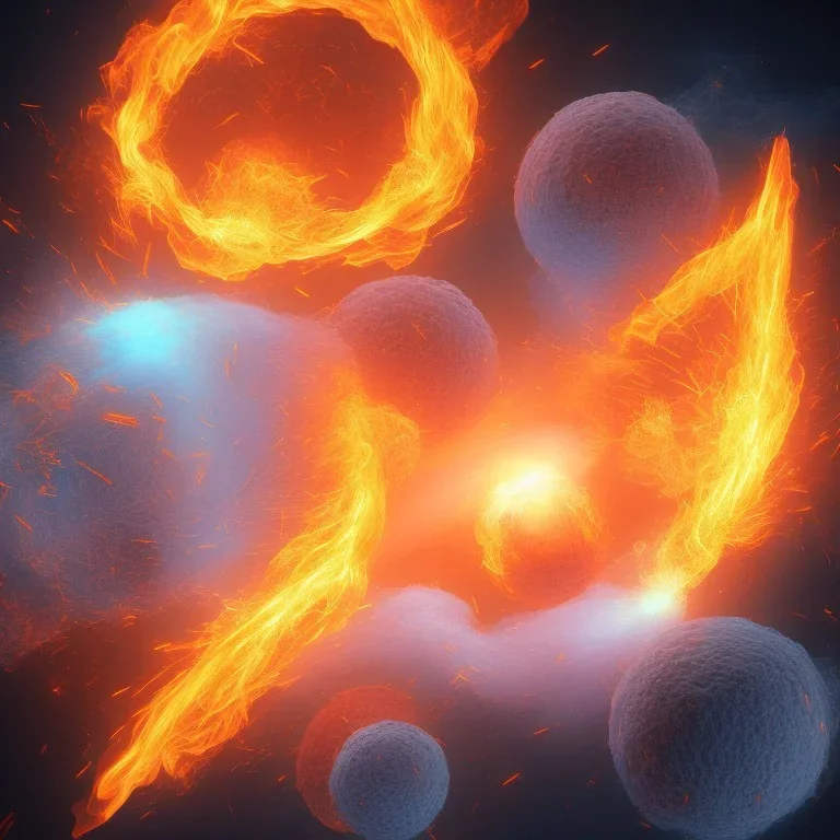 Fire electrons moving in a circular path around fire protons and ice neutrons, complete and detailed components, full HD, 8K, 16K