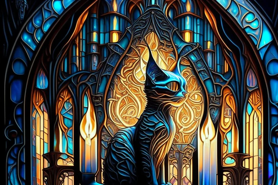 Futuristic cat shaped fancy candles, H.R. Giger style stained glass cathedral, Caravaggio, James Jean, Erin Hanson, hyperdetailed, backlit