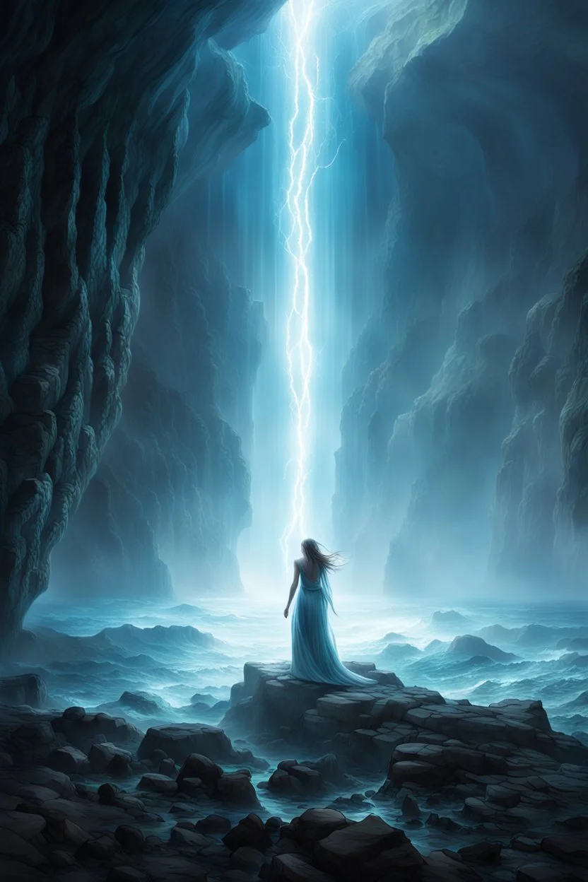 Figure back with etheral aura around, traversing a cleft within the ocean waters cascading by towering sea walls to each side, ambient glow, fantasy lands, cast light defining the rugged textures of the cracked ground, ethereal mystic atmosphere, ultra clear, high detalied, high realistic, perfect sharp focus, hd, perfect photo