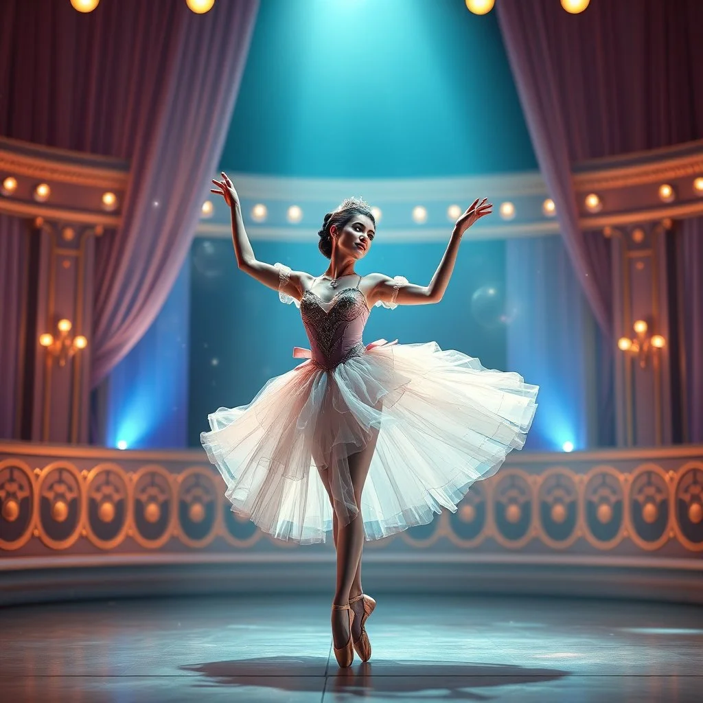 create of a beautiful balerina in pretty clothing in a modern cifi stage in her performance cinamatic lights .