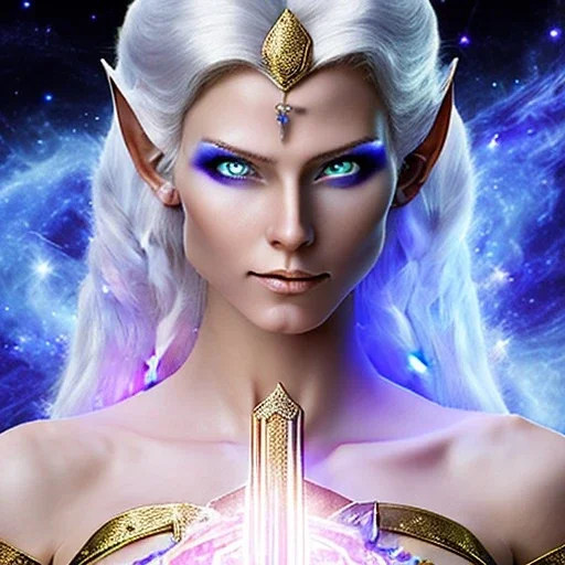 cosmic mage, elf, female, battle mage, epic, cosmic magic, long ears, white hair, face details, pale skin, jewellery, broad shoulders, glowing eyes, sharp ears, cosmic clothes, bright eyes, cosmic eyes, ears shown, light out of eyes, the cosmos in eyes, stars in eyes, shining eyes