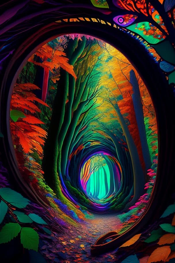 In the heart of an untouched 8K high-definition primeval forest, a mesmerizing kaleidoscope of colors unfolds within a timeless tunnel, creating a vivid gateway to another dimension. The rich hues of nature paint the scene, as if time itself is woven into the very fabric of the lush surroundings.