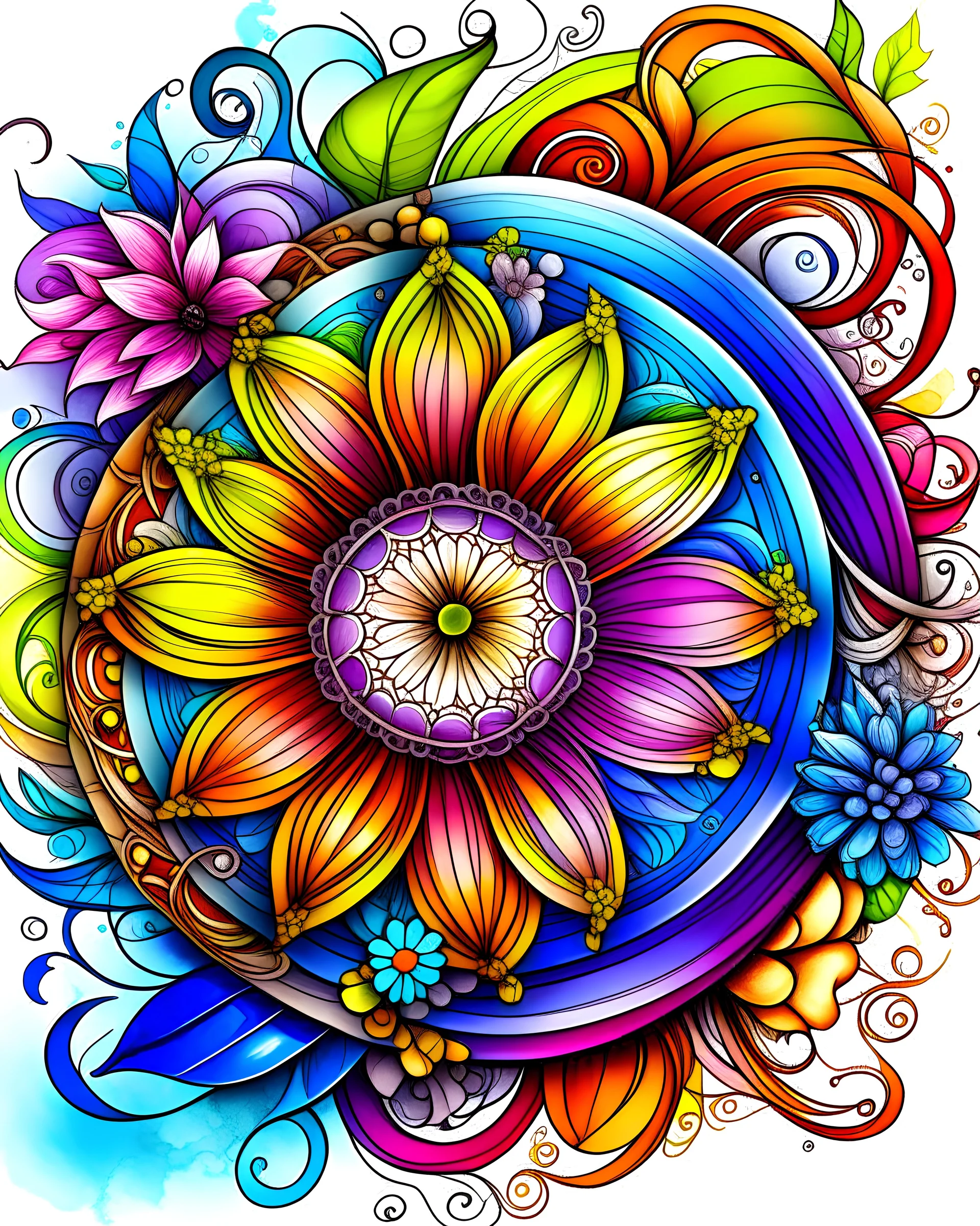 Steampunk Flower Mandala watercolor book cover for adults, 3d, colore
