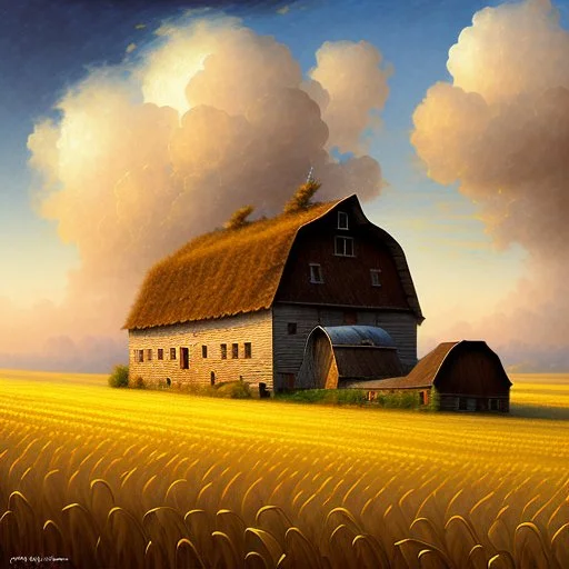 farmhouse and barn with a ripe wheat field next to it. The ears of corn bend in the wind, the sky is bright blue with lovely fluffy clouds. Modifiers: fantasy oil on canvas beautiful high detail ultra detailed crisp quality Guido Borelli da Caluso Leonid Afremov Alex Alemany Sherry Akrami © Crystaldelic