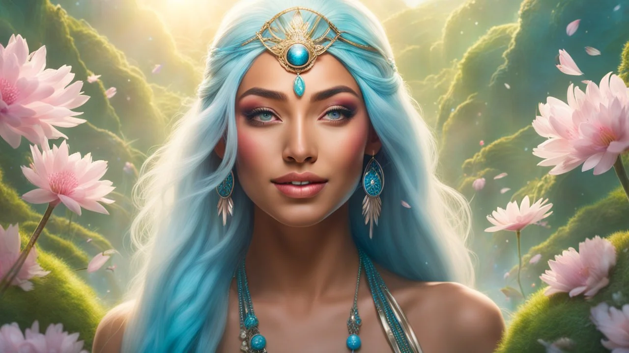 Photo realistic portrait of a gorgeous smiling skinny polynesian goddess with a golden dark shining skin, long smooth clear turquoise blue white hair, blue eyes, in a sci-fi outfit with luminous strikes blowing a kiss in a hill of flowers with sakura trees, a small torrent, loads of mini flowers, moss, sun rays through the branches, particles in the air at spring