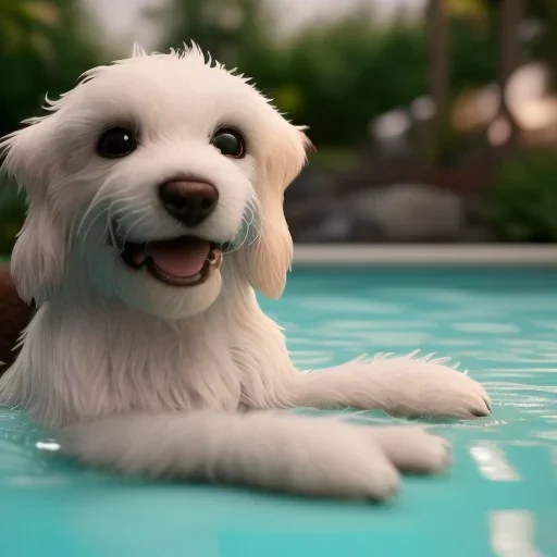 Cute dog swimming in pool, full body detail, unreal 5, octane render,cinema4d, dynamic lighting, 8k, redshift render, highly, hyperrealism ultra detailed, hyper realistic.