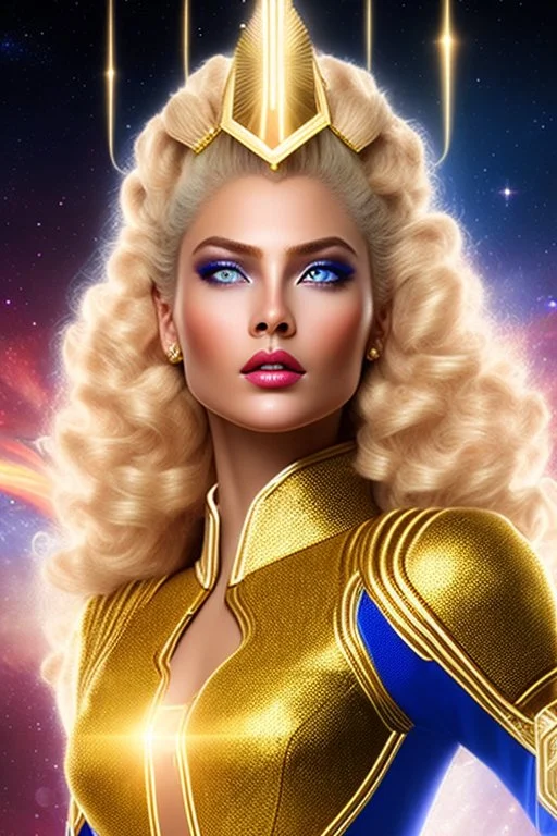 Beautiful tall woman Pleiadian galactic commander, ship, perfect detailed face, detailed golden galactic suit, high rank, long blond hair, hand with five perfect detailed fingers, amazing big blue eyes, smiling mouth, high definition lips, cosmic happiness, bright colours, blue, pink, gold, jewels, realistic, real photo, bright and sunny background, very detailed, high contrast, high definition 8k, pixel 512X512, unreal engine 5, extremely sharp details, light effect, br