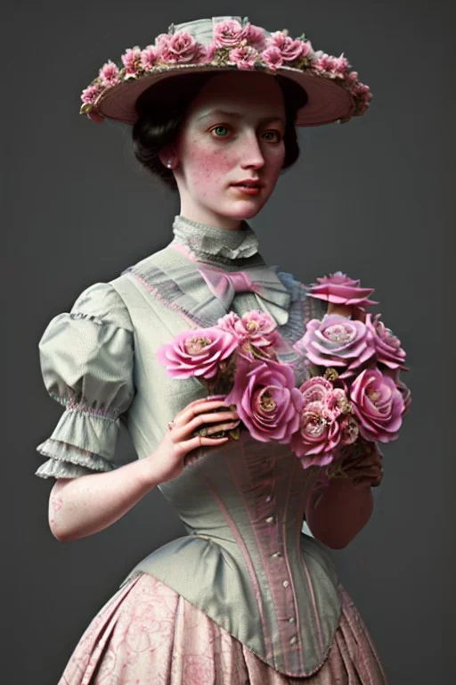 Victorian woman with pink flowers, in the style of Camilla d'Errico, hyper detailed, beautiful, complex, trending on artstation, cinema4d, cryengine, national geographic photo, chiaroscuro