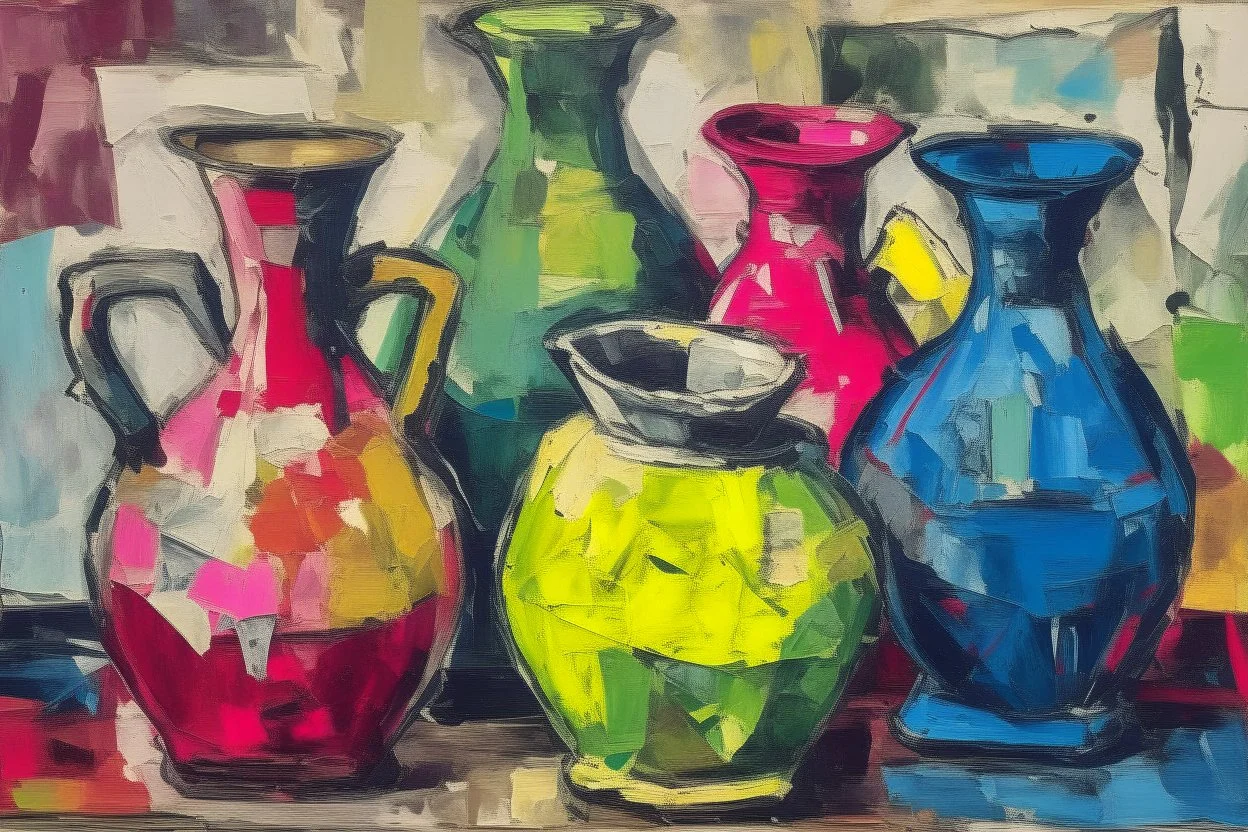 Oil painting of Vases and jugs in the style of frank Auerbach